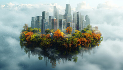 Obraz premium Autumnal cityscape floating on water