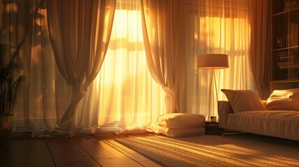 room with soft, diffuse lighting, warm light lamps or natural light filtered through translucent curtains generative ai