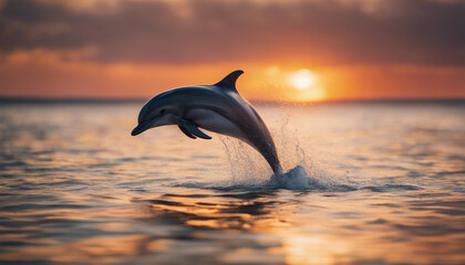 dolphin jumping on the surface of the water at sunset in the ocean
