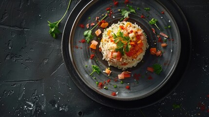 Overhead shot of a beautifully plated rice dish, showcasing culinary artistry from a high angle.