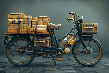 A cargo bike loaded with parcels and groceries, providing eco-friendly delivery services in urban areas. Concept of sustainable logistics and last-mile delivery. Generative Ai.
