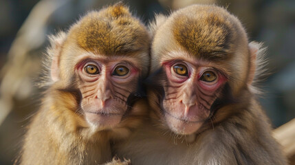 Two cute snow monkeys sitting on the mountain 