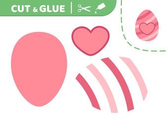 Cut and glue. Pink stripped Easter egg with big heart. Applique. Paper game. Vector
