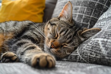 Sleeping Tabby Cat on Colorful Cushions
