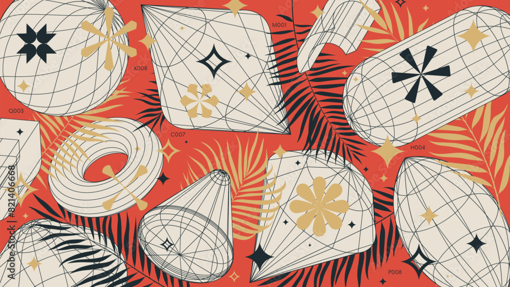 Leinwandbilder abstract geometric background with various 3d wireframe form and botanical tropical leaves, graphic 