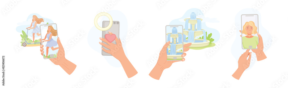 Poster hands holding smartphone recording video with camera filming picture on screen vector set