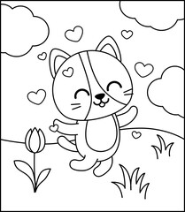 Coloring page. Happy kitten on the lawn. Black and white cat. Vector