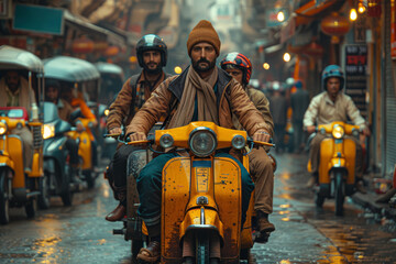 Fototapeta premium A group of tourists riding guided electric tuk-tuks through narrow streets in a foreign city, experiencing local culture and heritage. Concept of cultural mobility and tourism. Generative Ai.