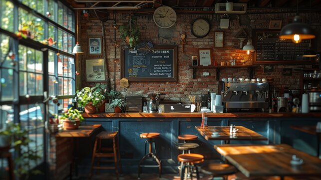 A charming urban coffee shop features a cozy, warmly lit interior with rustic wooden accents, lush potted plants, vintage clocks, and a welcoming atmosphere