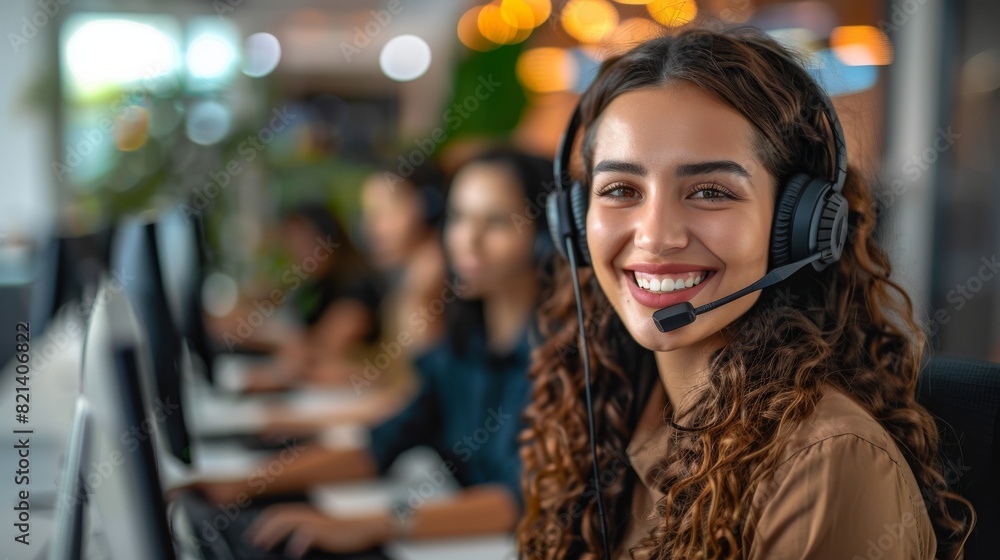Poster in a modern office, a young woman at a call center with a headset is part of a professional support 