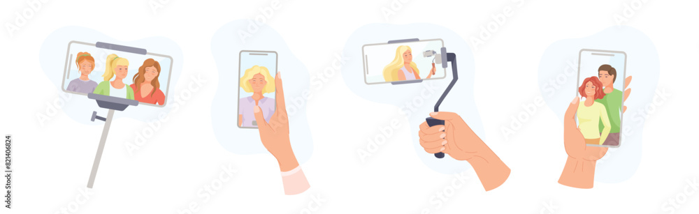 Poster hands holding smartphone recording video with camera filming picture on screen vector set