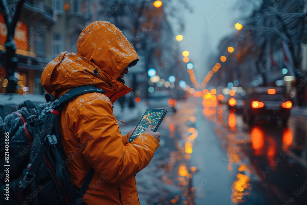 Poster a person using a mobility app to hail a ride from a rideshare service, accessing convenient and on-d