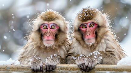 Fototapeta premium Two cute snow monkeys sitting on the mountain 