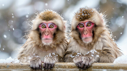 Two cute snow monkeys sitting on the mountain 