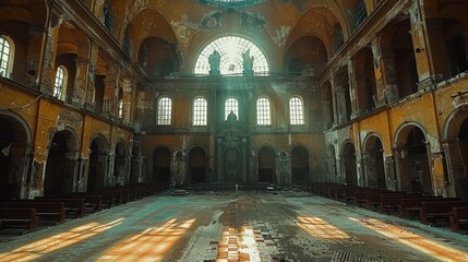 A stunning photograph captures the interior of an abandoned, historic church with arched windows and sunlight streaming through glass panes, casting ethereal light