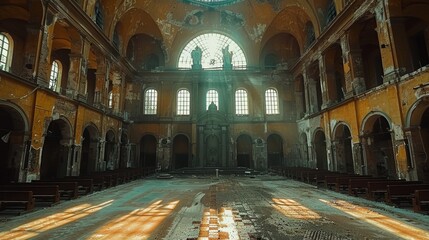 Obraz premium A stunning photograph captures the interior of an abandoned, historic church with arched windows and sunlight streaming through glass panes, casting ethereal light