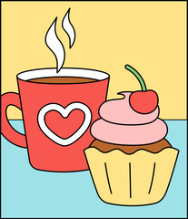 Tasty illustration with cherry cupcake and hot drink in red cup. Cartoon, vector