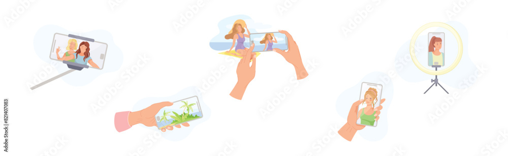 Poster hands holding smartphone recording video with camera filming picture on screen vector set