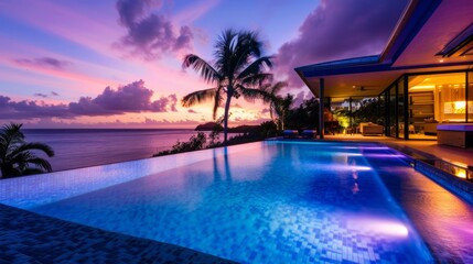 Cozy and relaxing atmosphere in the pool area during a sunset. generative ai