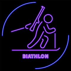 biathlon neon sign, modern glowing banner design, colorful modern design trend on black background. Vector illustration.