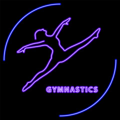 gymnastics neon sign, modern glowing banner design, colorful modern design trend on black background. Vector illustration.