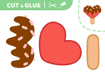 Paper game. Red heart ice cream. Cut and glue. Ice cream in chocolate glaze. Applique. Vector