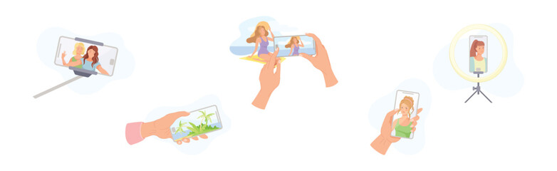 Hands Holding Smartphone Recording Video with Camera Filming Picture on Screen Vector Set