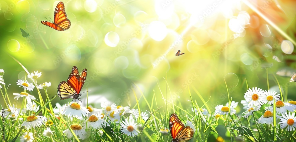 Poster beautiful spring background with daisies and grass, sunlight rays and butterflies space for text spr