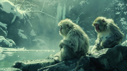 two cute snow monkeys sitting on the mountain  - Powered by Adobe