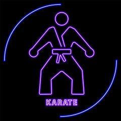 karate neon sign, modern glowing banner design, colorful modern design trend on black background. Vector illustration.