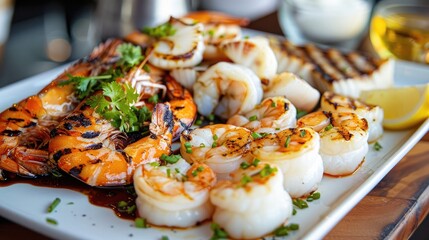 seafood platter showcasing a variety of grilled shrimp, scallops, and squid.