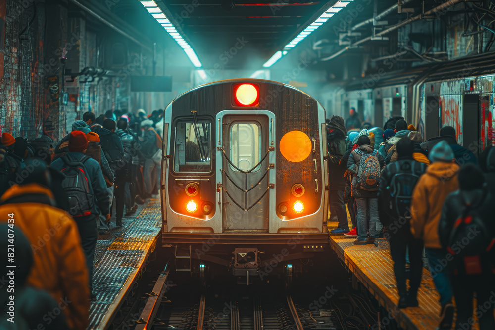 Aufkleber a crowded subway platform with commuters waiting for trains, each lost in their own thoughts or chec