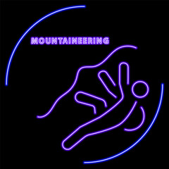 mountaineering neon sign, modern glowing banner design, colorful modern design trend on black background. Vector illustration.