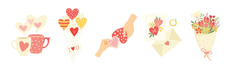 Valentine's Day with Love Heart and Flowers Vector Set