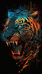 Angry colorful tiger in a black background