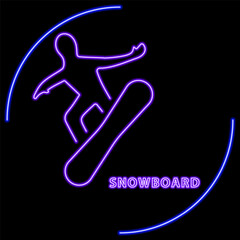 snowboard neon sign, modern glowing banner design, colorful modern design trend on black background. Vector illustration.