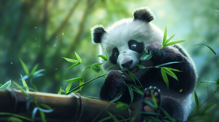 Fototapeta premium Giant panda bear eating bamboo on tree