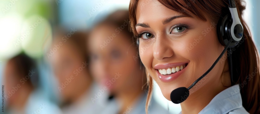 Poster Displayed in the image is a happy female Customer Service Representative in an office setting, showcasing professionalism and a supportive demeanor while equipped with a headset for work
