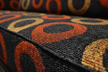 Close-up view of a textured seat cushion showcasing an intricate pattern composed of red, orange, and yellow circular designs on a dark black fabric background