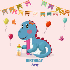 Birthday party invitation with baby dragon. Hand-drawn baby dragon character. Vector illustration