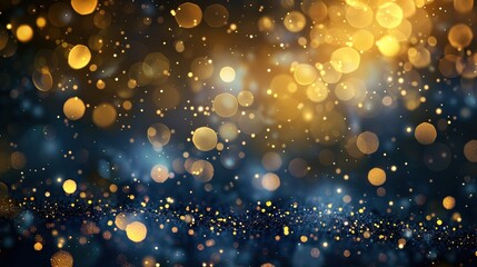 Glowing vector blurred background. Abstract particle bokeh dark blue background, golden and blue luxury glitter and bokeh particles, particles bokeh background, holiday festival background	