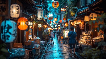 Urban Japanese street scene with colorful lanterns and wet pavement capturing the essence of a bustling market filled with people and vibrant shops in the evening