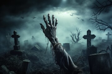 Fototapeta premium Zombie hand rising out of the grave. Zombie Hand Rising Out Of A Graveyard In Spooky Night. Horror Movie Concept. Zombie Halloween concept with copy space. 3d illustration. 