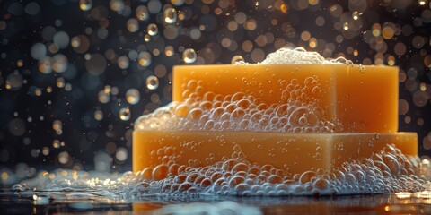 A close-up photo of two orange soap bars stacked with bubbles forming on and around them, set against a dark background with bokeh lighting