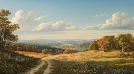 Summer meadow landscape with a path and trees