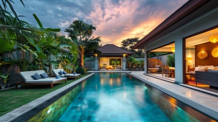 Fototapeta premium Cozy and relaxing atmosphere in the pool area during a sunset. generative ai