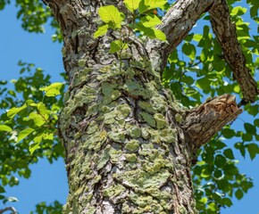 Fototapeta premium Detailed close-up view of a tall, textured tree trunk covered in vibrant green lichen under a bright blue sky with leafy branches