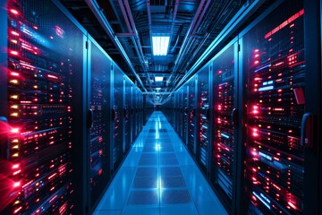 Fototapeta premium Computer network server room, Crowded server room in action, AI generated