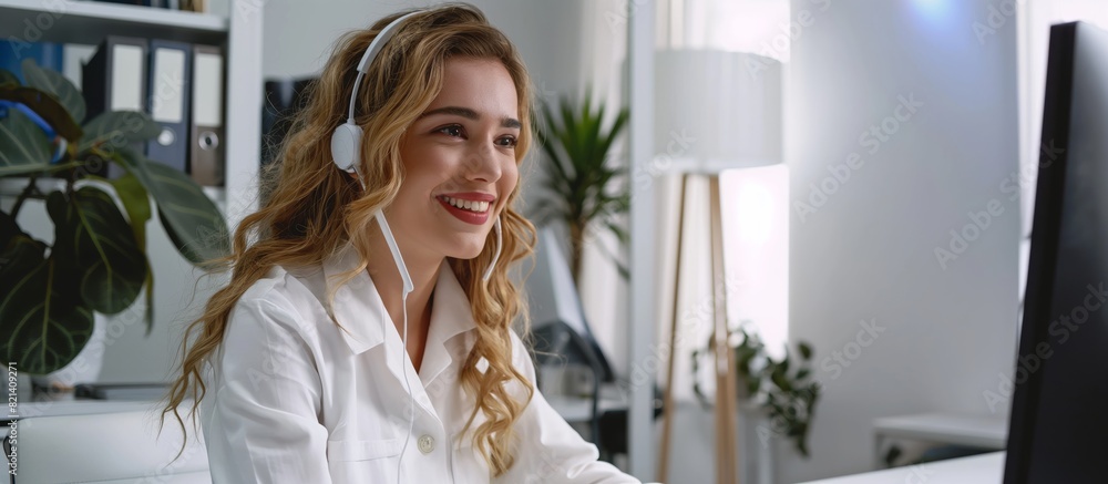 Poster in a modern office, a female customer support representative helps clients with technology for a com