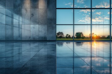 Sunrise through modern glass building windows